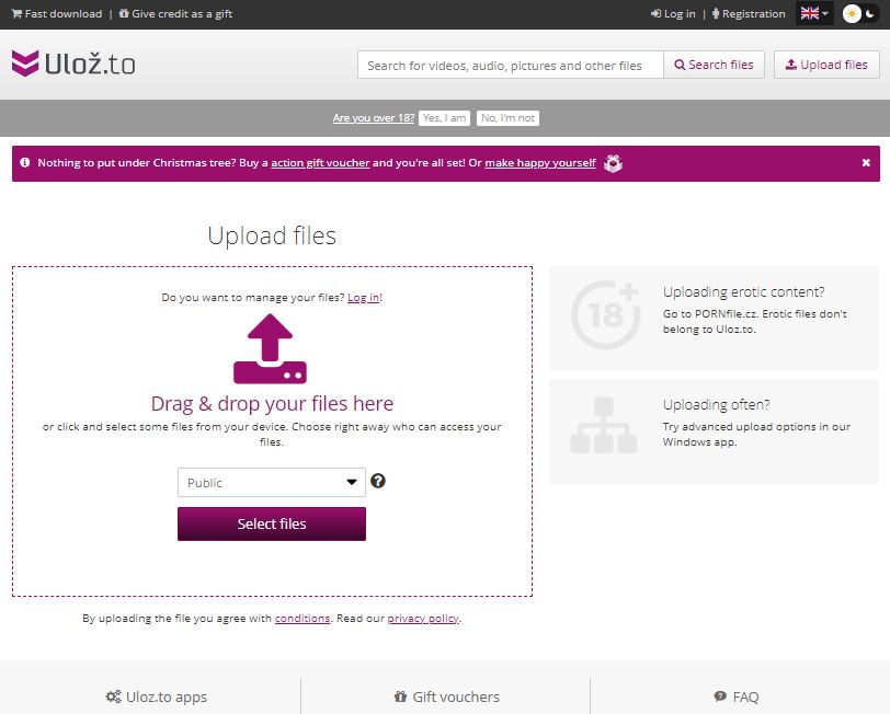 Ulozto.net website showing the send files section where users can upload their photos and videos