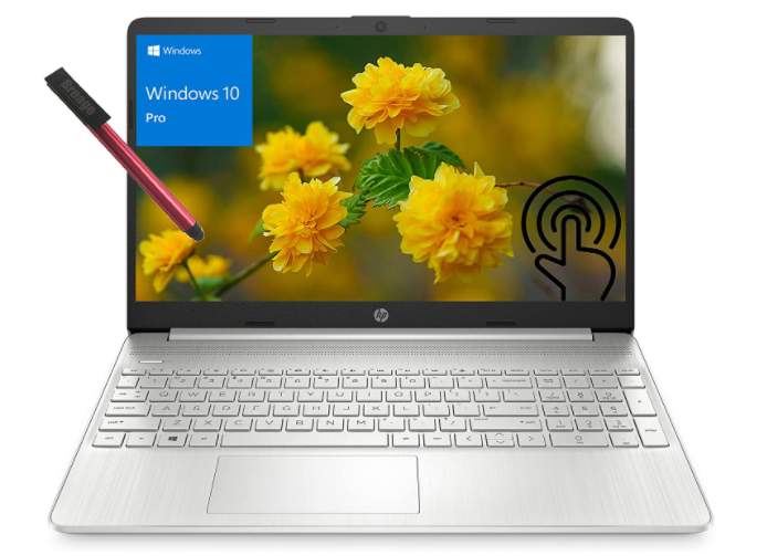 HP 15 silver touchscreen Windows 10 Pro business laptop, with 15.6-inch monitor and yellow flowers as wallpaper
