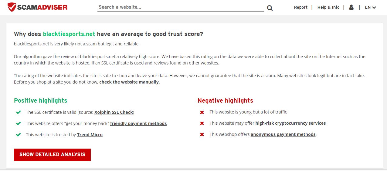  Scam Adviser website shows the legitimacy and positive trust score of Blacktie Sports