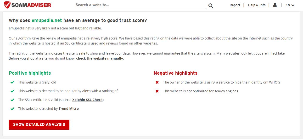 ScamAdviser website shows the legitimacy and trust score of Emupedia