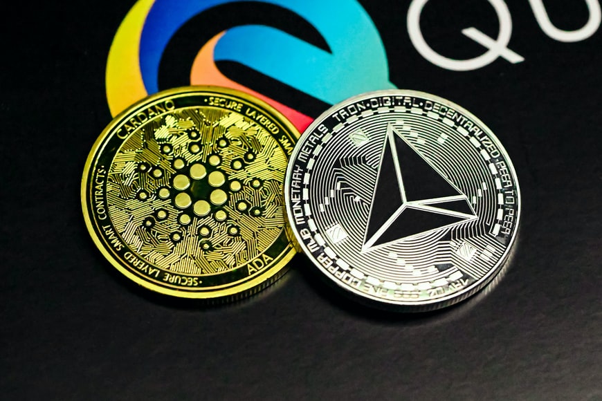 Crypto coins on a table