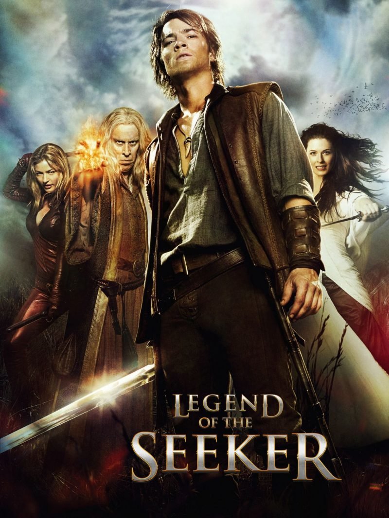 Poster of legend of the seeker with four people showing their powers and the main character holding a sword