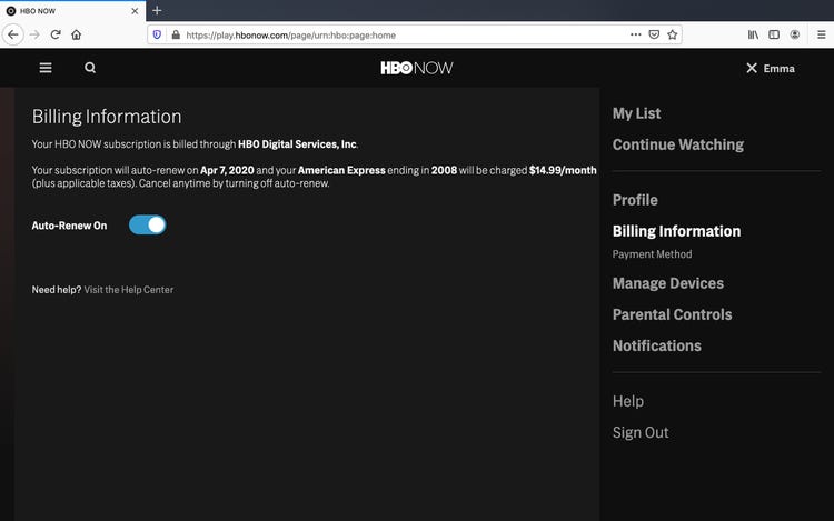 Tap your Apple ID (your email address), then tap View Apple ID. Sign in, scroll down and tap Subscriptions. Find and tap your HBO subscription. Choose Cancel Subscription.