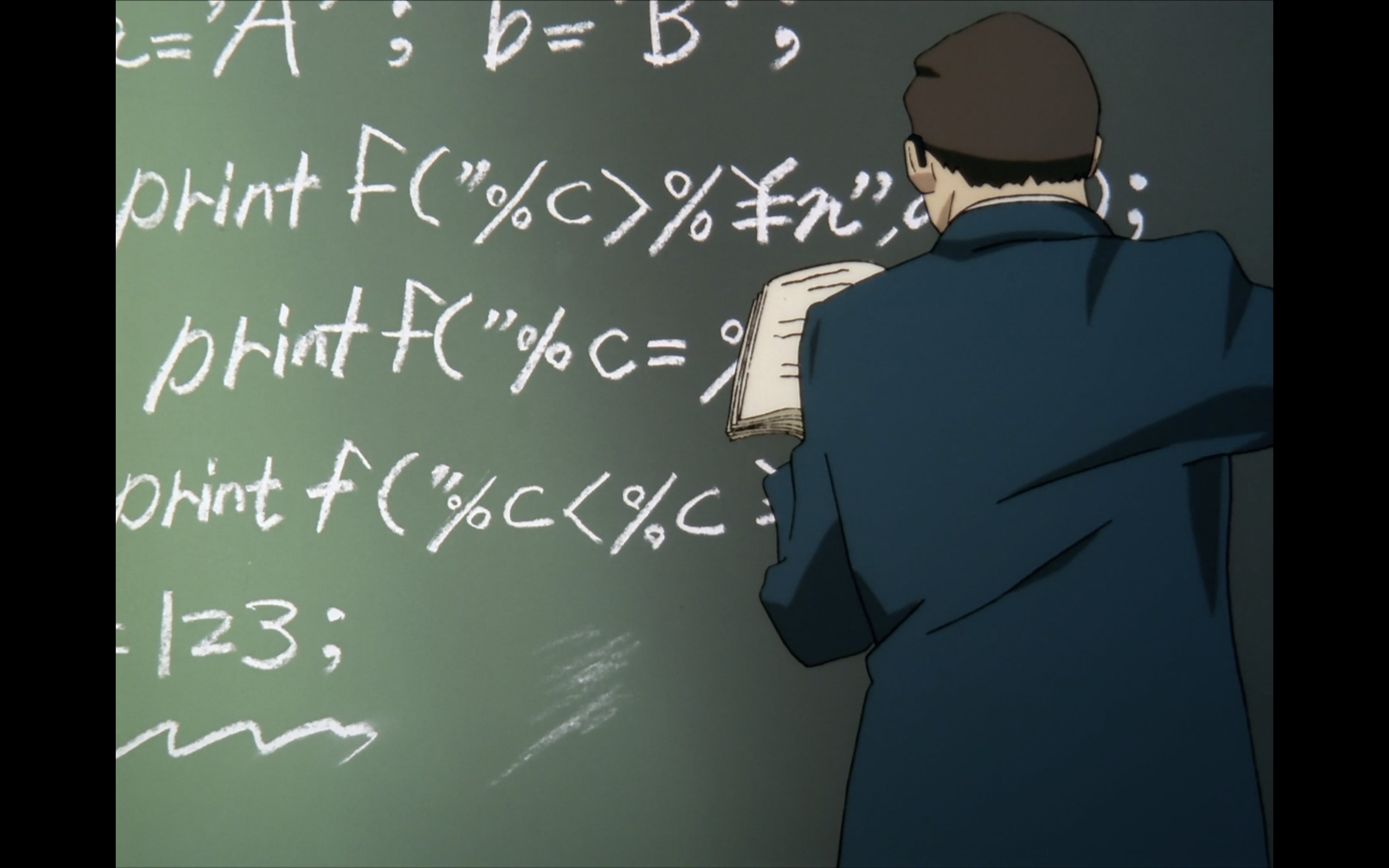 Screenshot of a scene in Serial Experiments Lain showing male teacher writing programming codes on a blackboard