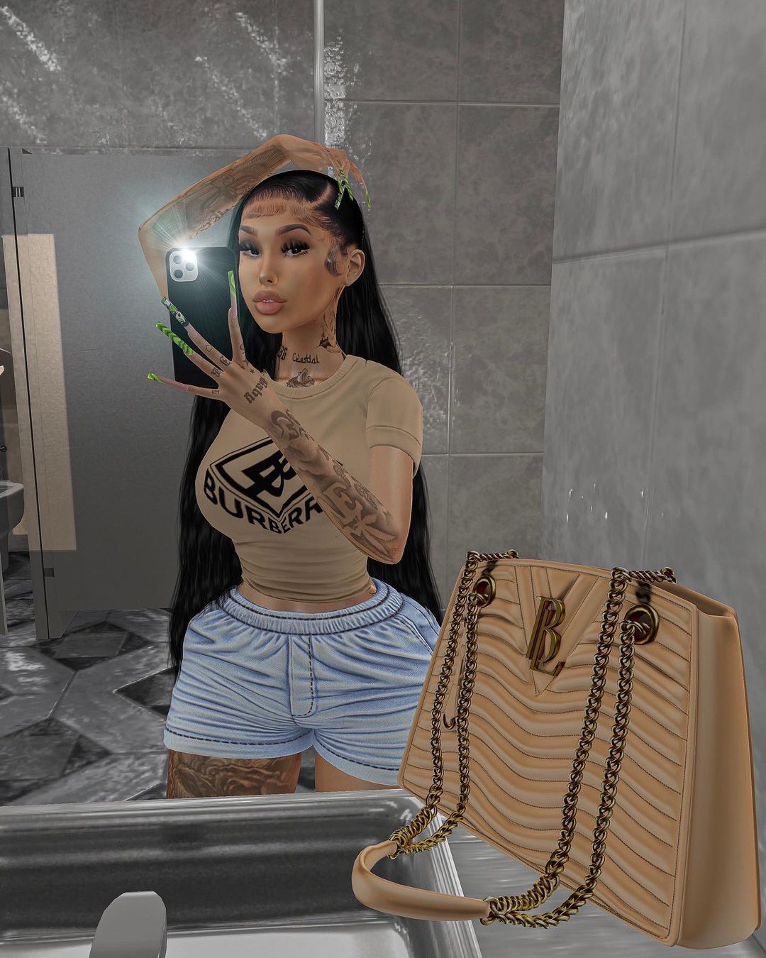 Tattooed Second Life female avatar in Burberry T-shirt takes a selfie with her iPhone