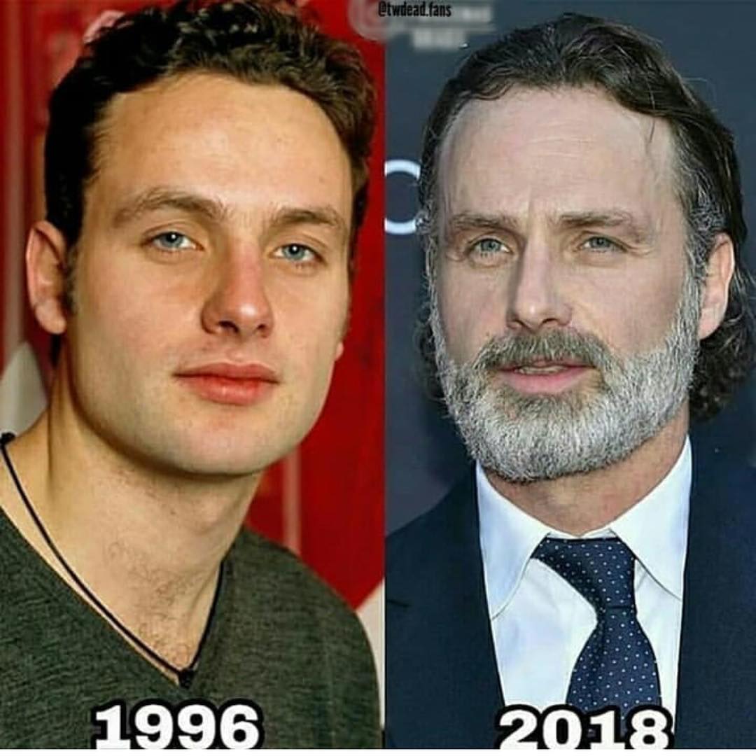 Young clean-shaven Andrew Lincoln in 1996 side by side with his mature bearded look in 2018