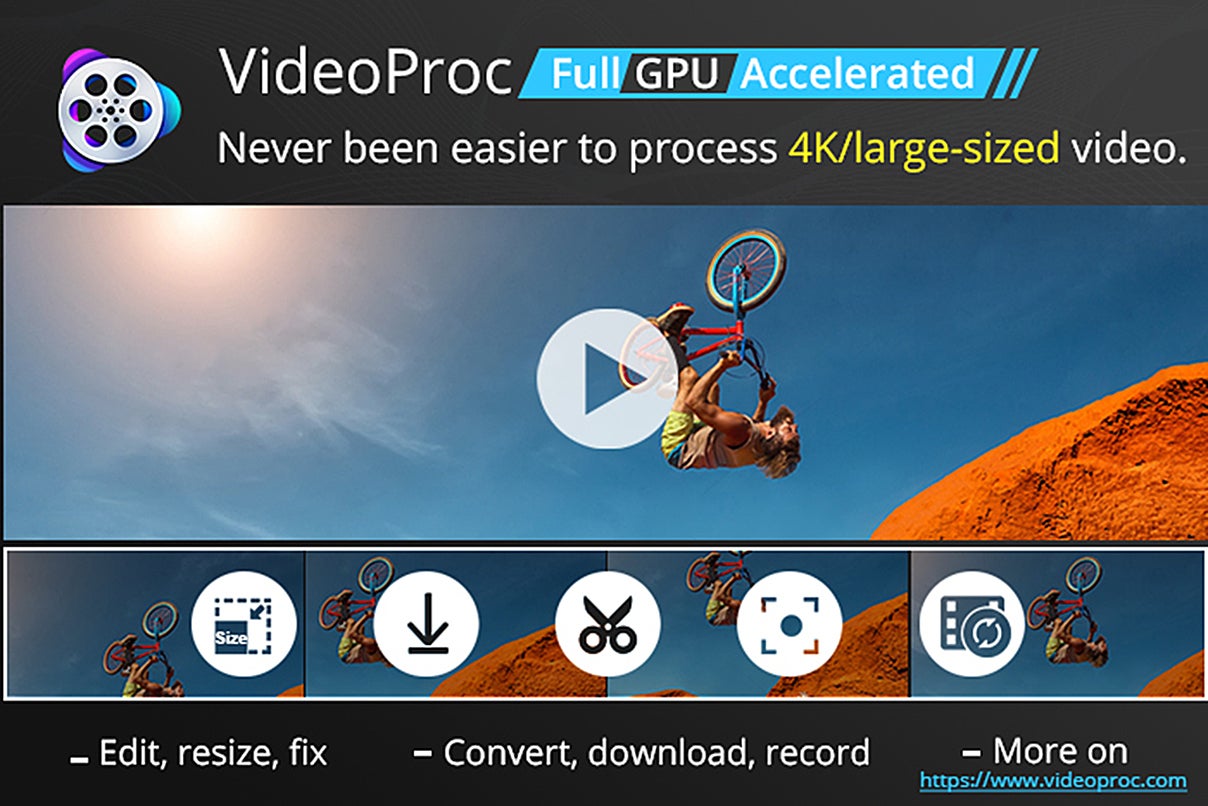 VideoProc GPU Accelerated Video Editor software editing page with an image of a man riding a bicycle