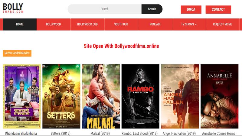 Bollyshare website with posters of bollywood films and their titles