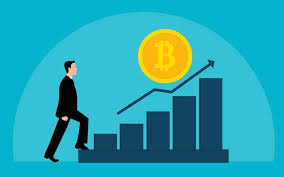 A man walking on a graph of bitcoin shows that it's increasing