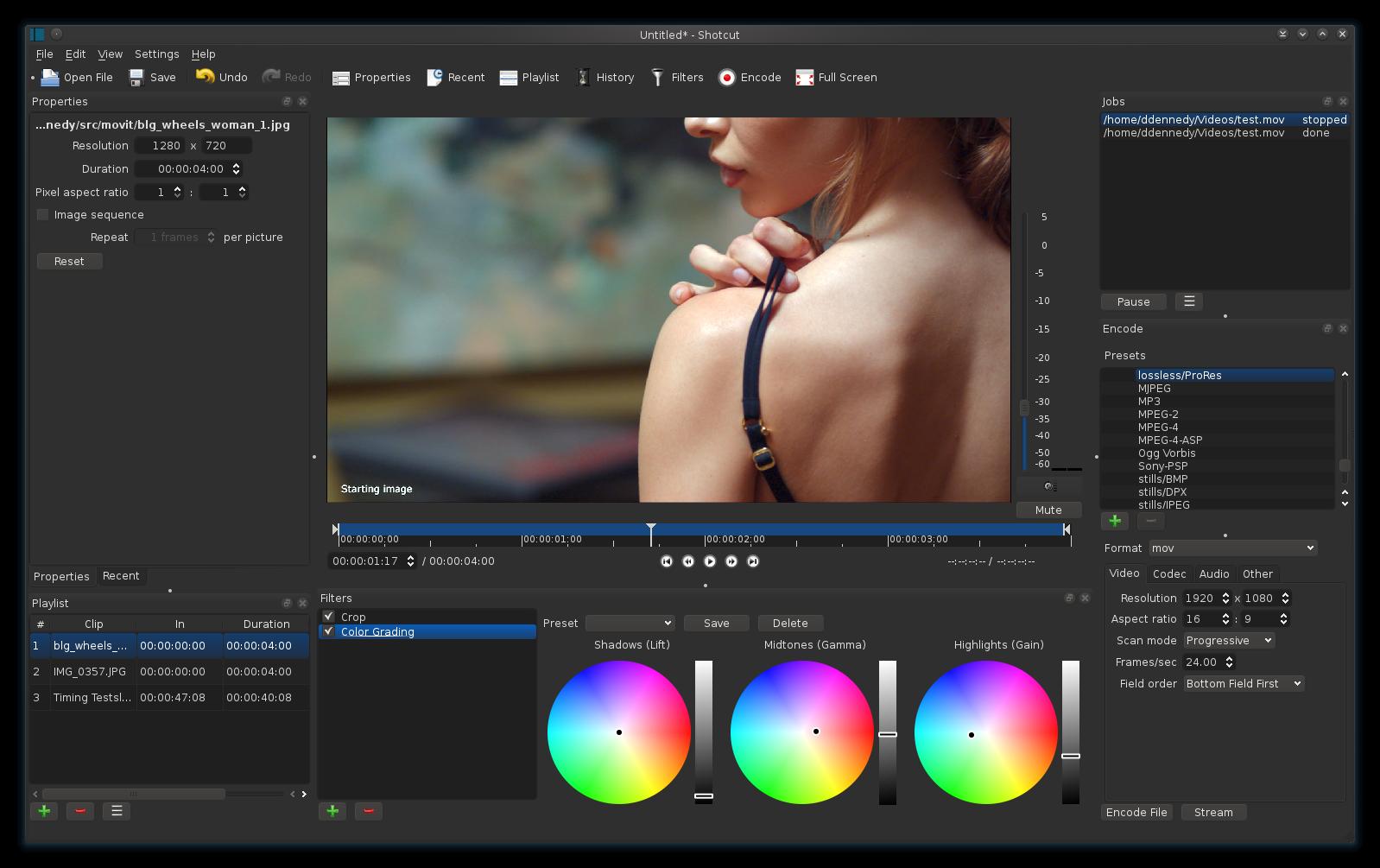 Shotcut Open Source Free Video Editor software editing page with a photo of a woman holding a black bra strap