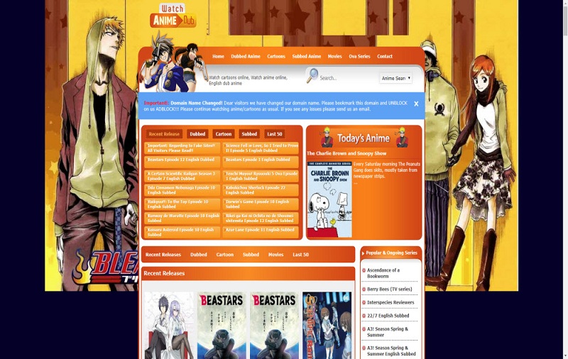 Main page of wcostream showing different anime categories