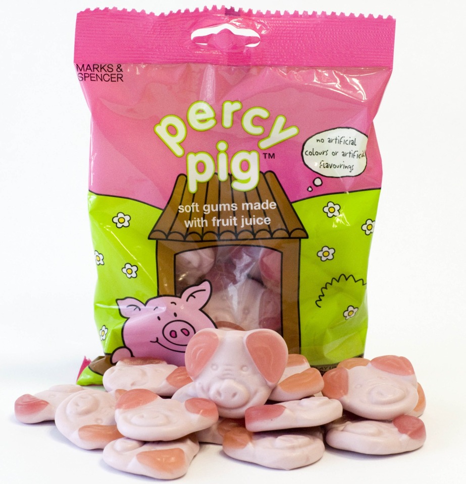 The original packaging of the Percy pig, with a sample placed on the outside of the package. 