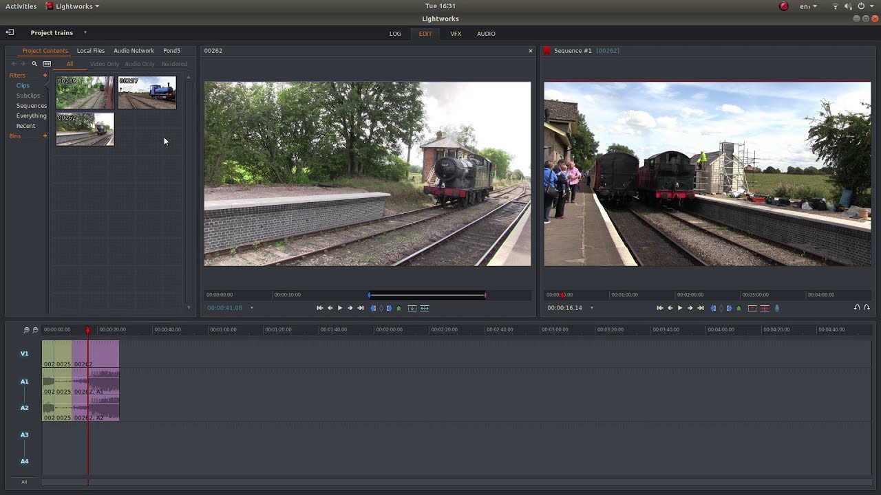 Lightworks software editing page with an image of train and railways