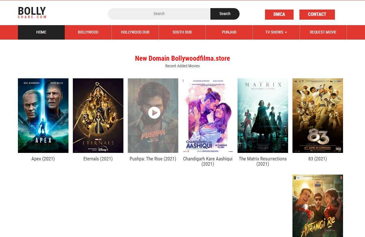 Bollywood homepage features the choices of movies