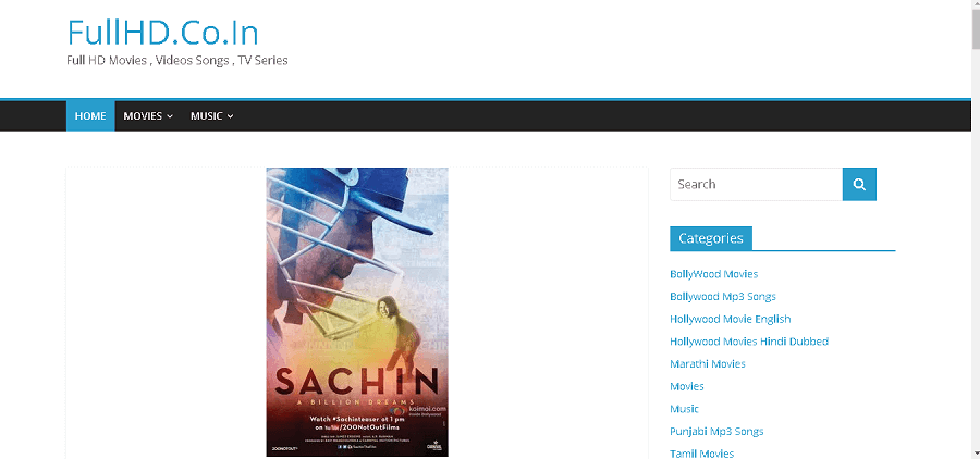 FullHD.co.in homepage features a single movie and search box to find Bollywood films