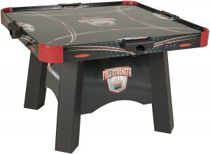 A square, 4-player air hockey table equipped with powerful dual air-powered motors
