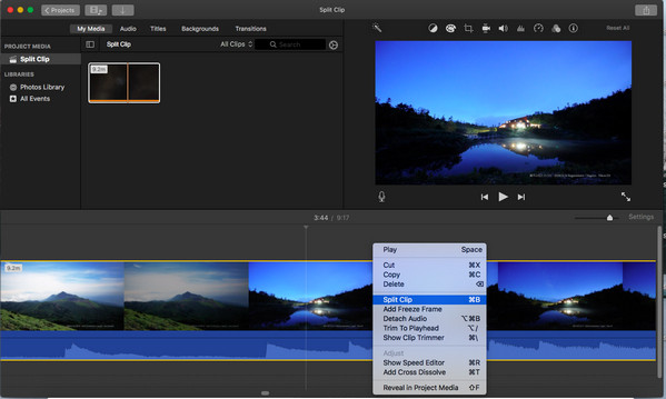 IMovie software with an image of blue sky and sea on the screen