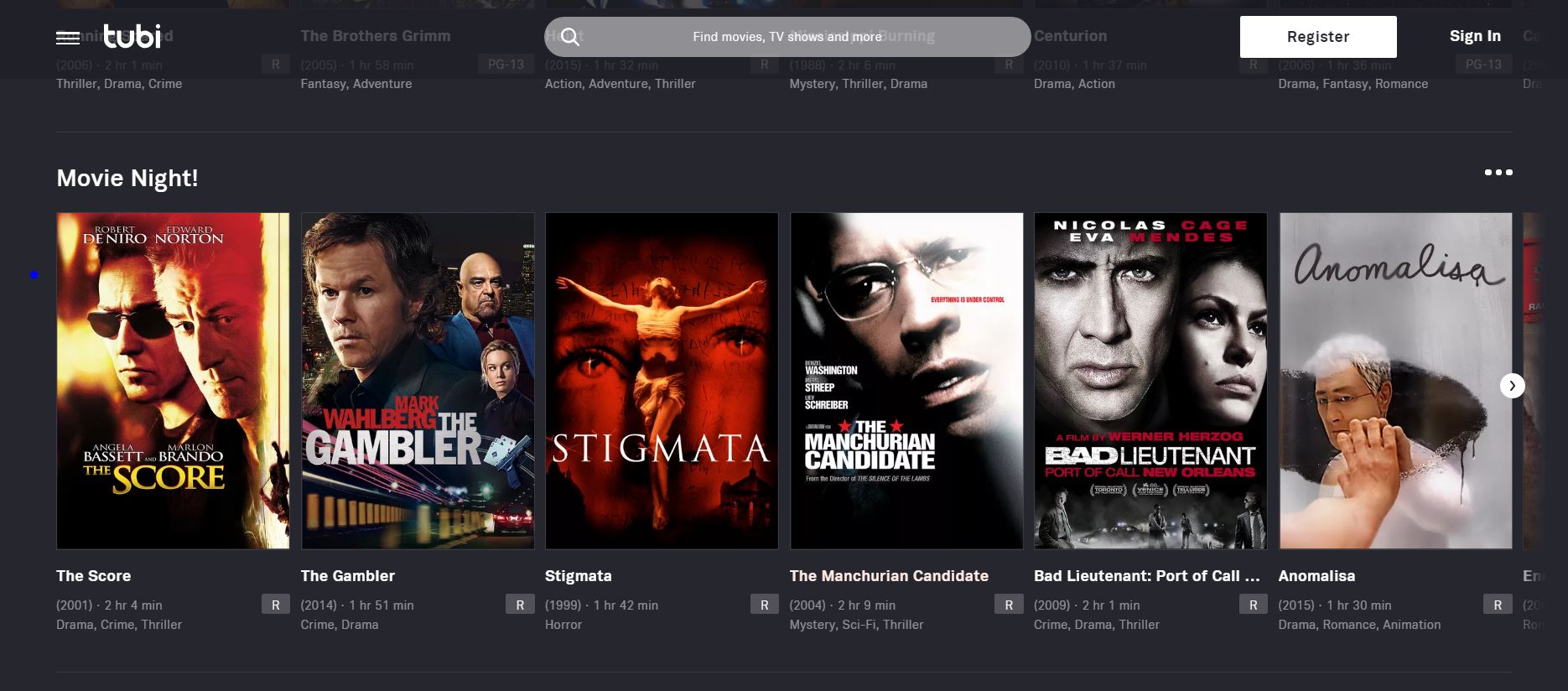 Tubi tv website showing posters and titles of different movies