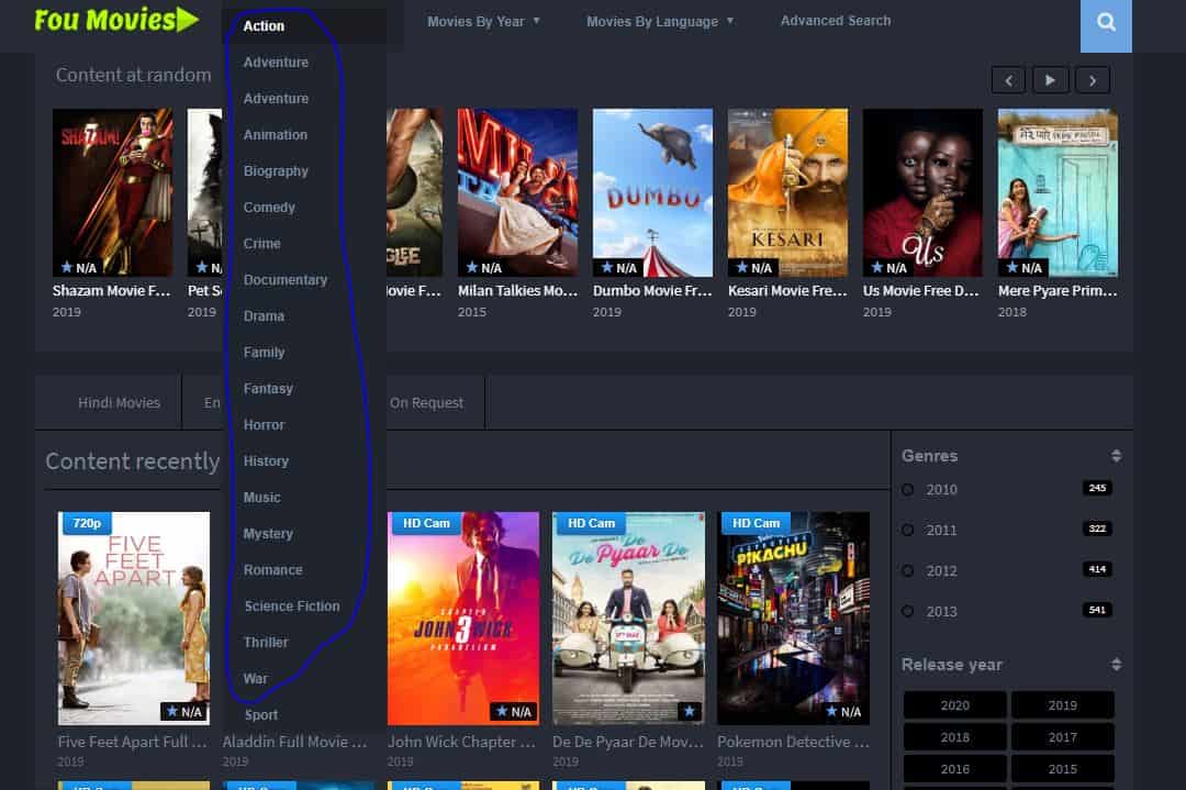 Website page of foumovies showing different categories