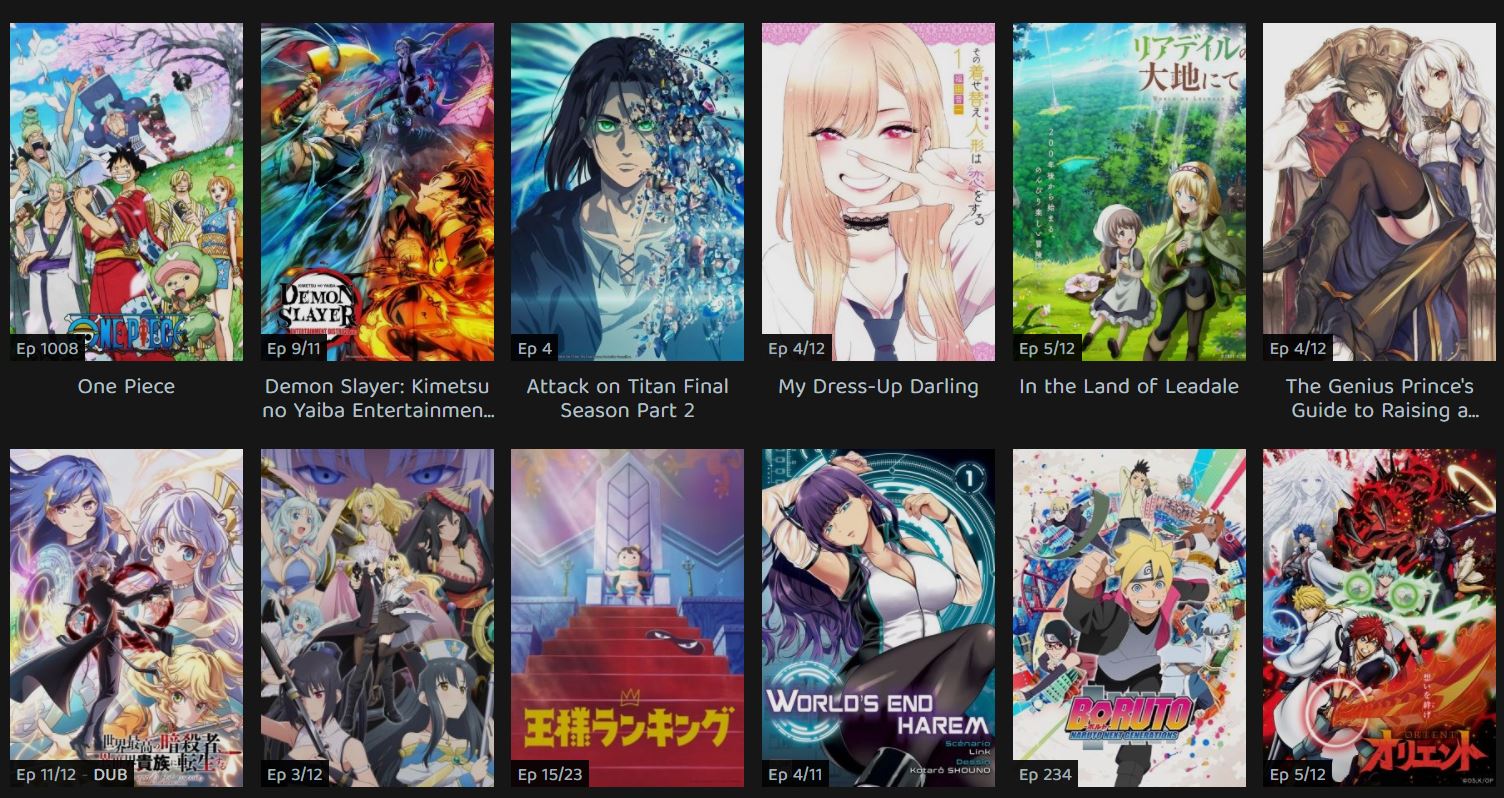 Screenshot of trending anime on anime Suge