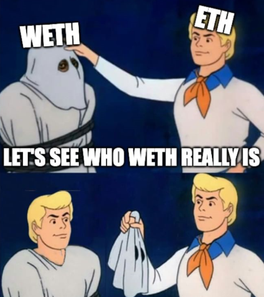 Two Fred Jones as WETH and ETH, with the words ‘let’s see who WETH really is’