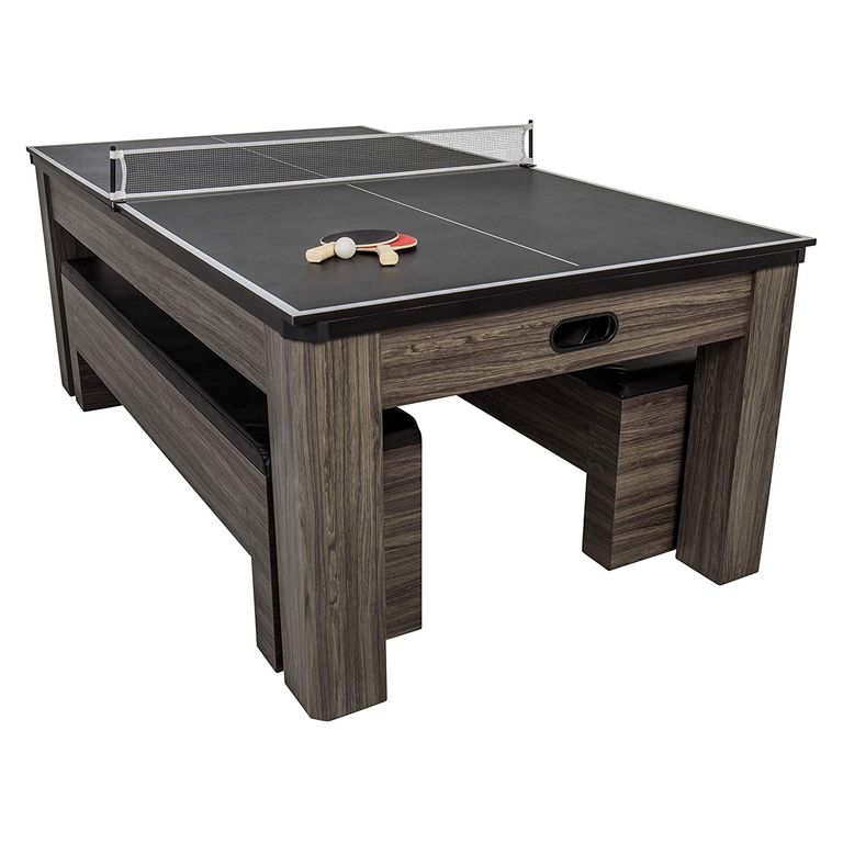Atomic Northport 3-in-1 Hockey Table is 462 pounds made of wood and polycarbonate with one pair of ping-pong paddles and balls