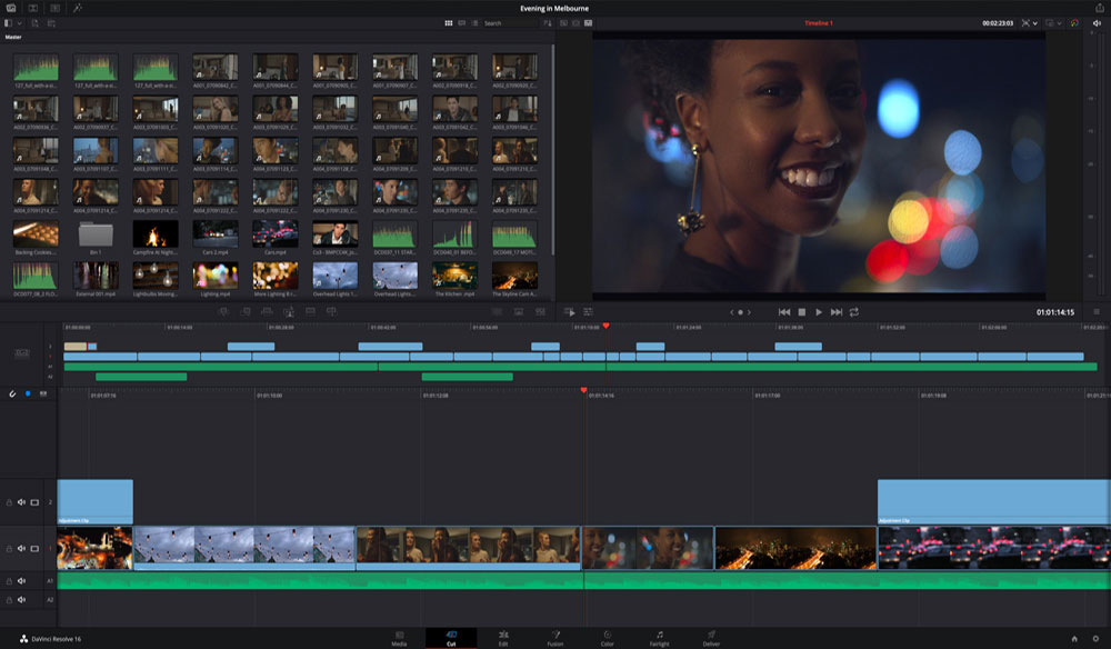 DaVinci Resolve software editing page with an image of black woman smiling