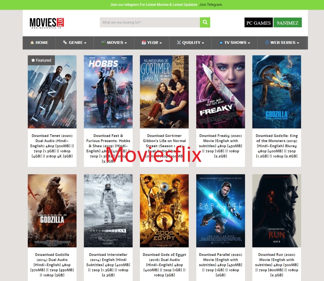 Moviesflix website with ten movie posters and their titles