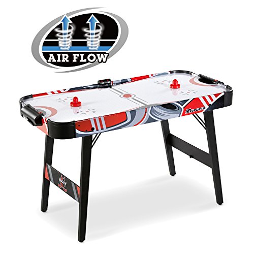 A foldable air hockey table with red graphic designs