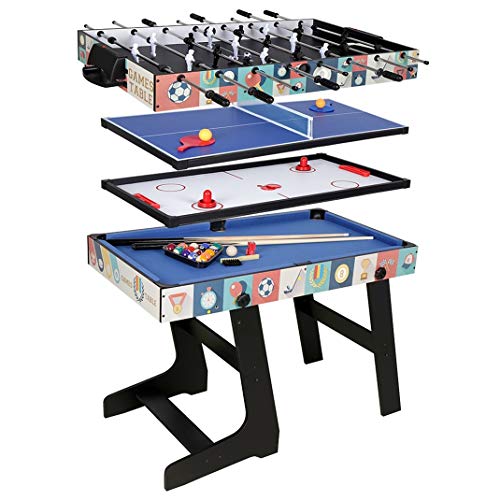 A foldable air hockey table with 4 different games