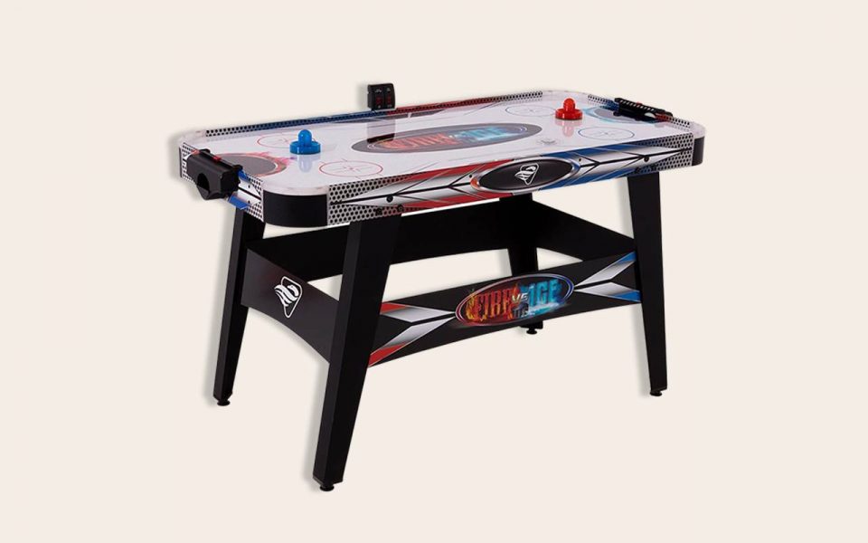 An air hockey table with a fire and ice color combination