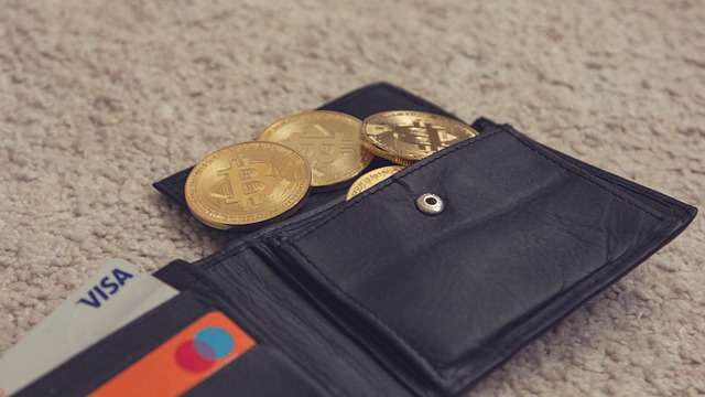 Black bifold wallet with Visa card, Mastercard, and four gold Bitcoins
