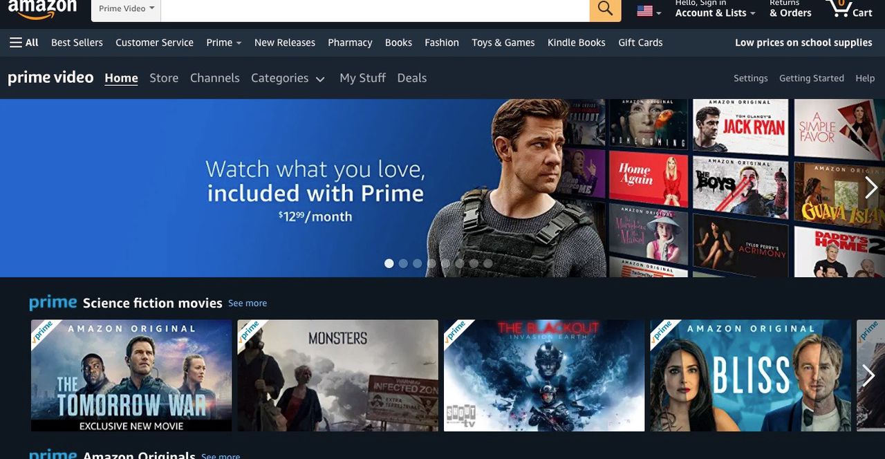 Amazon Prime webpage search bar with movie posters
