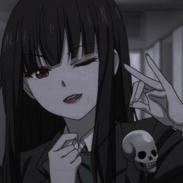 Blinking Anime girl with long black hair holding a skull necklace