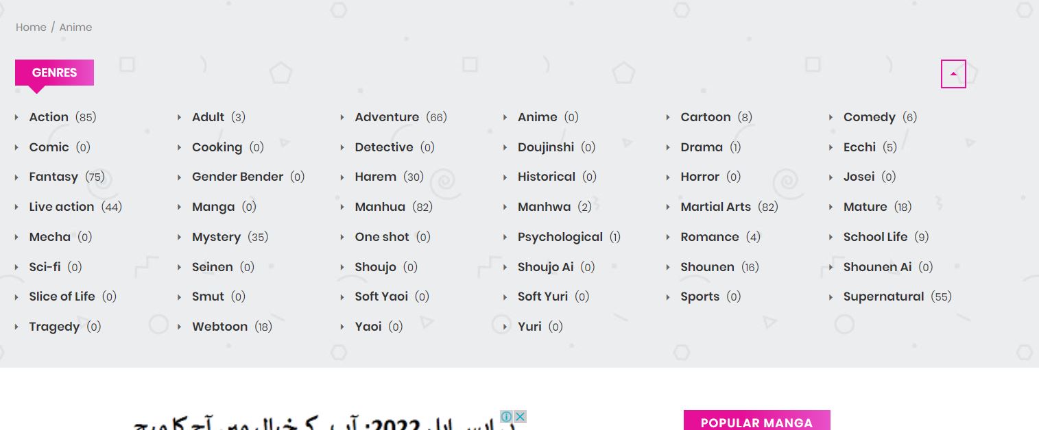 Screenshot of anime Genres on manhuaplus