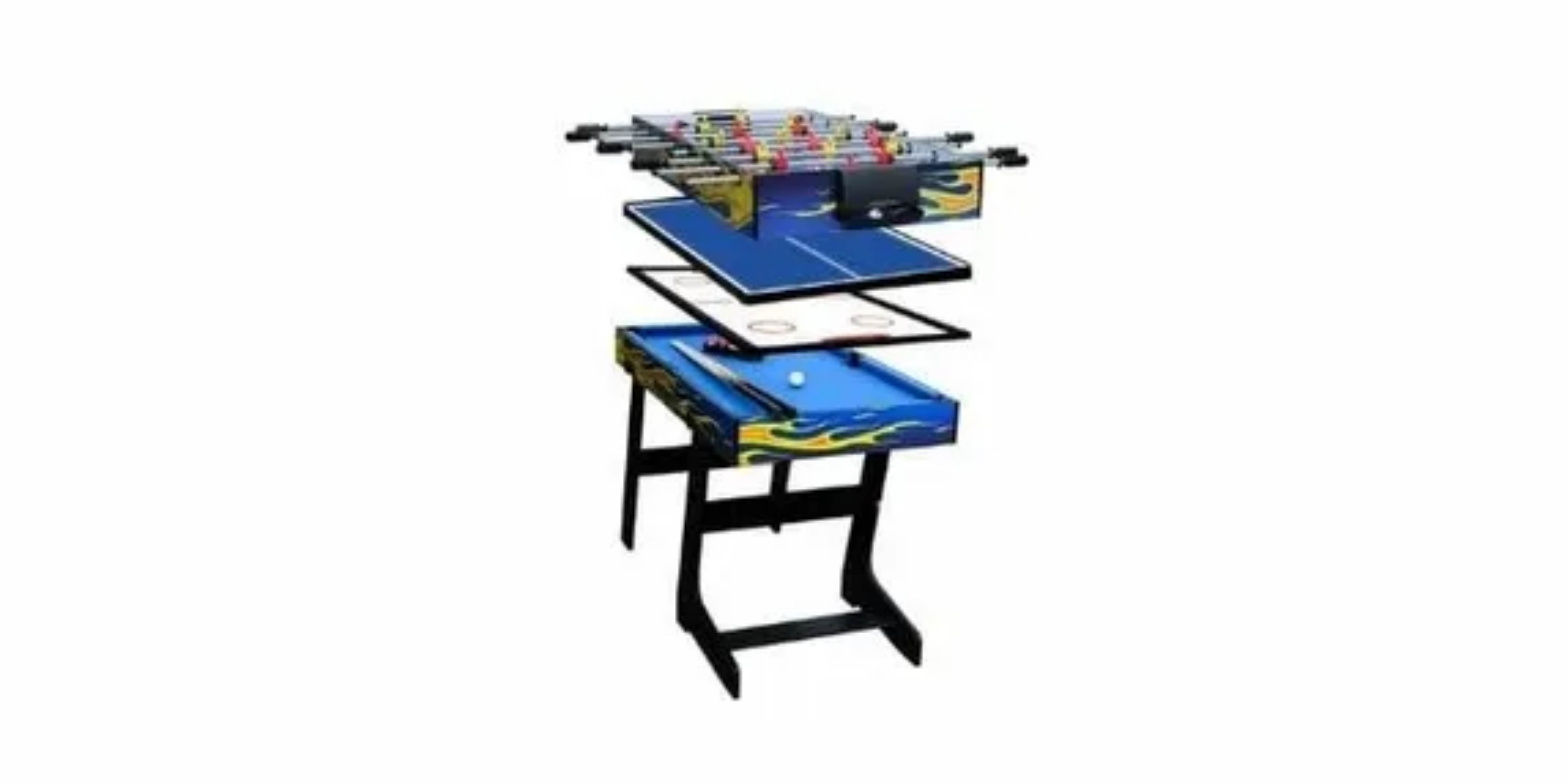 Foosball, push hockey, pool, and ping pong in a foldable game table