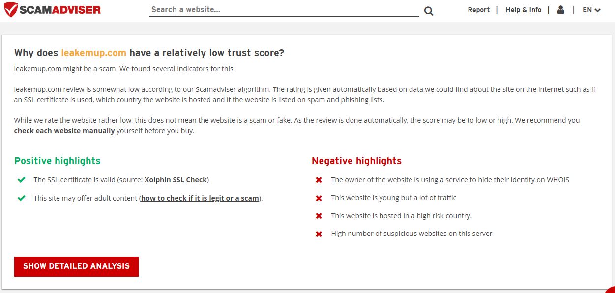 ScamAdviser website showing the trust score and legitimacy of Leakemup.com