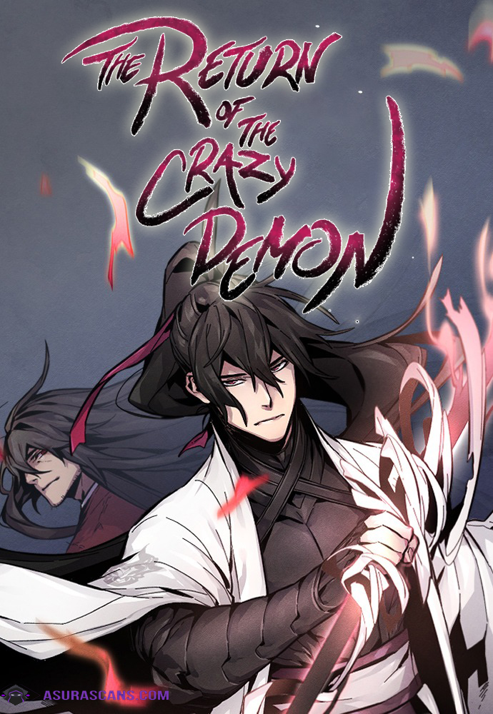 An intimidating man holding a sword with another man with a long hair behind him, and "The Return Of The Crazy Demon" text above in black and red font