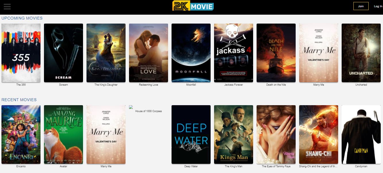 2KMovies website showing the Upcoming movies and Recent movies