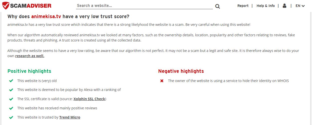 ScamAdviser website shows the legitimacy and trust score of Animekisa.tv