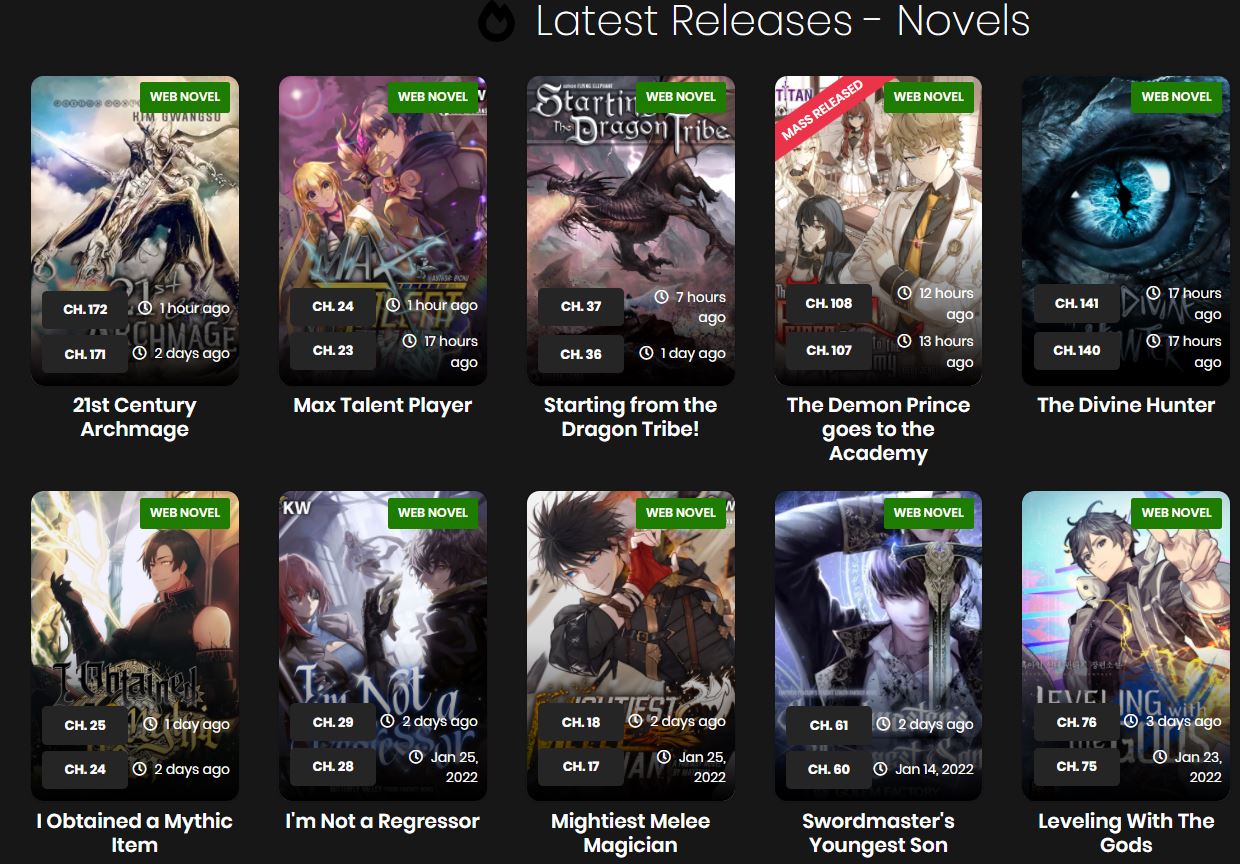 Screenshot of Latest Novels Releases on Reaperscans 