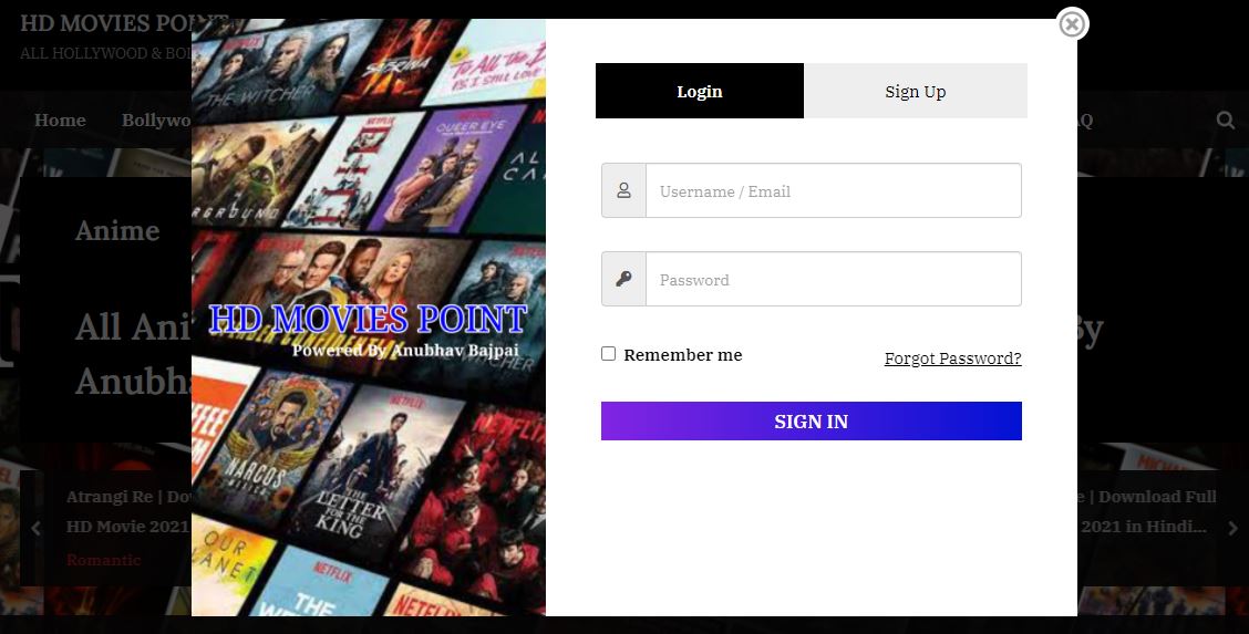 HDMoviespoint website shows the pop-up login and sign up page 