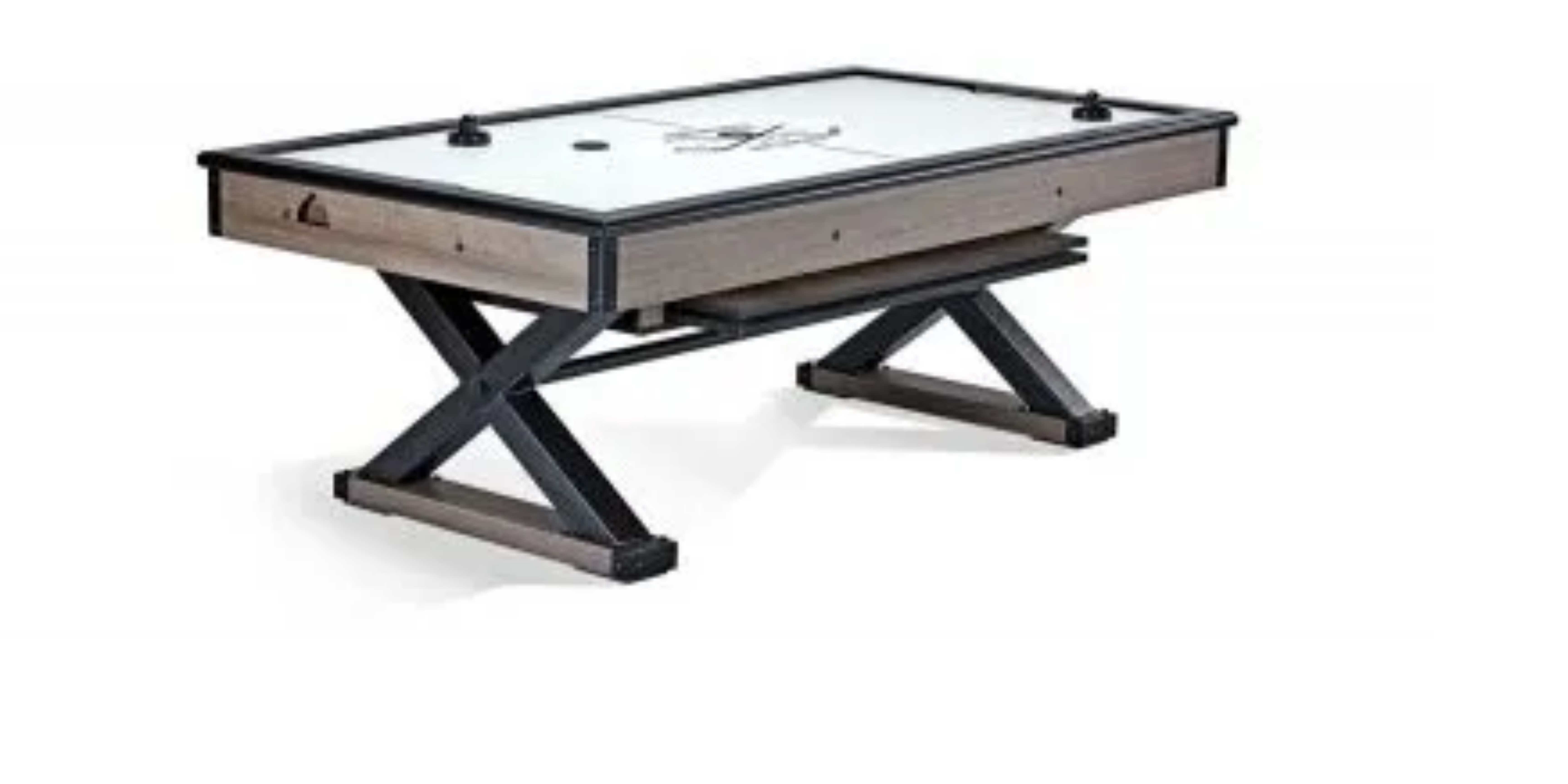 An air hockey table with a steel-framed base that can also be used as a dining table
