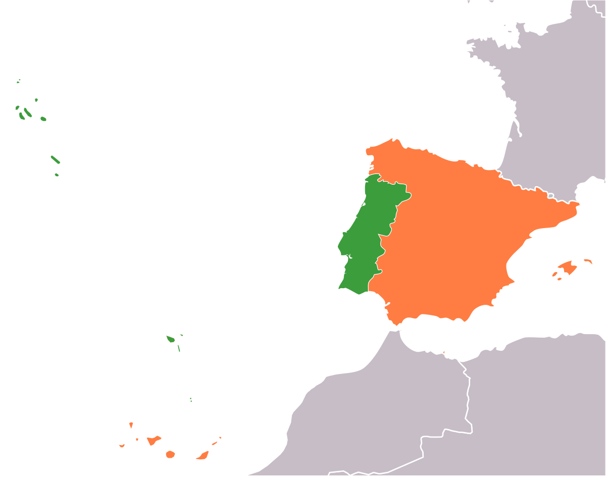 Spain and Portugal on a two-dimensional map with orange and green colors