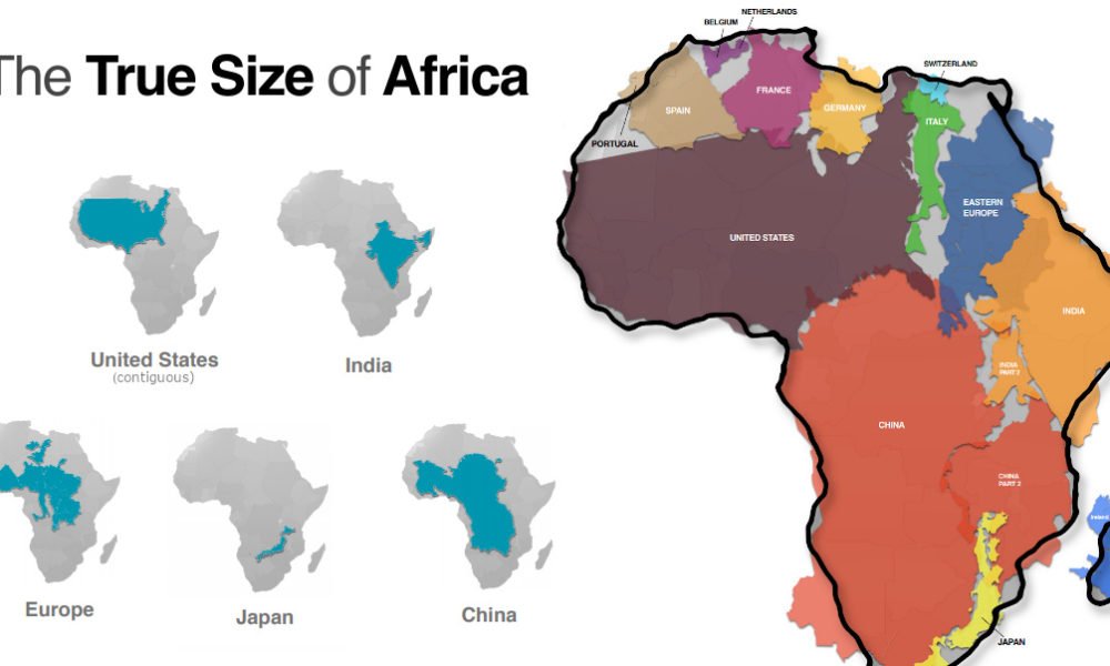 Comparison of the size of Africa to US, India, Europe, Japan, and China