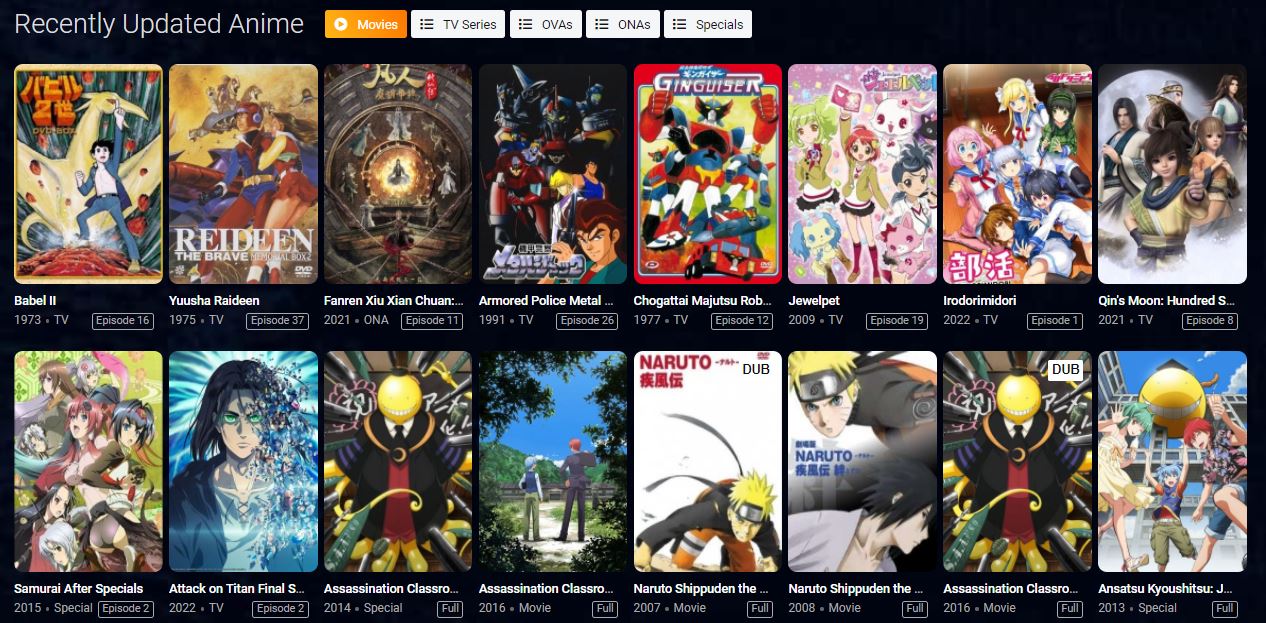 AnimeFreak website shows the Recently Updated Anime collections