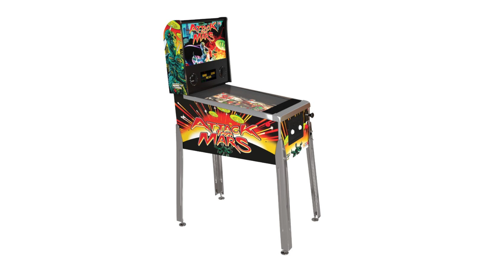 A digital pinball machine with an exterior design that screams Attack on Mars, with artwork faithful to the original game