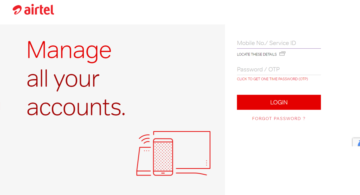 The Airtel website displays, instructions on how to manage your account as well as a login box, as well as a mobile phone, and a computer display