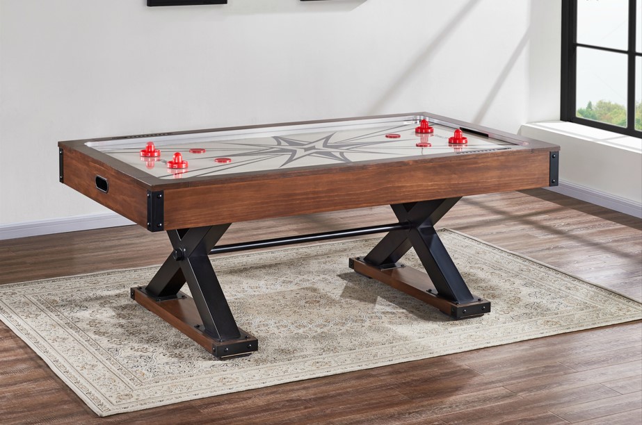 American Heritage Element Air Hockey Table is constructed with x table legs and rustic brown table corners