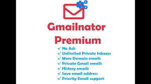 Gmailnator Premium logo, name in red fonts, and features typewritten in blue fonts